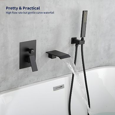 Matte Black Waterfall Tub Faucet with Hand Shower - Wall Mount Bathtub Shower System