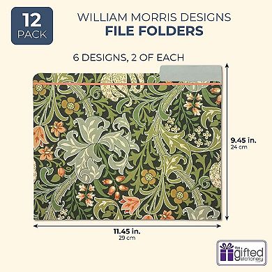 12 Pack William Morris Floral File Folders, 1/3 Cut Tab, Letter-Size, 6 Designs