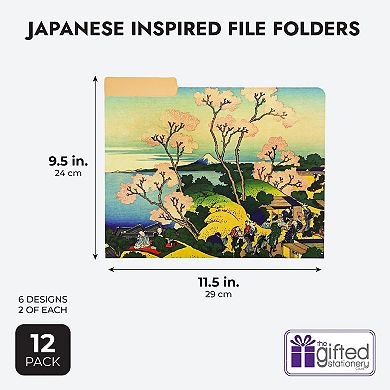 12 Pack Hokusai Japanese Decorative File Folders, 1/3 Cut Tab, Letter-Size