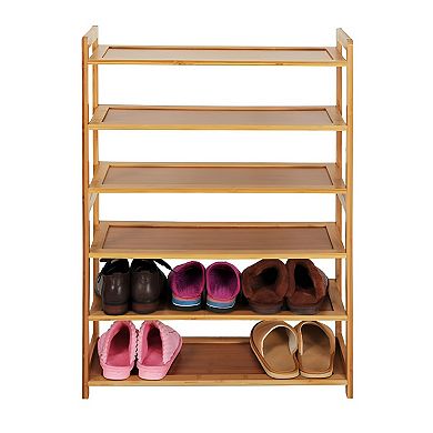 Concise Rectangle 6 Tiers Wicker Shoe Rack - Wood Color