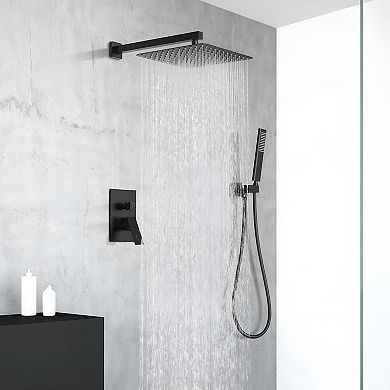 Matte Black Wall-Mounted Shower System with 12-Inch Rain Shower Head and Handheld Shower