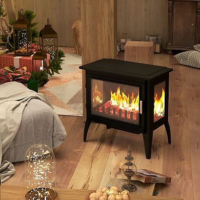 Freestanding Electric Fireplace Stove with Realistic Flame and Adjustable Temperature-Black