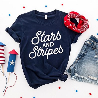 Stars And Stripes Slanted Cursive Puff Print Short Sleeve Graphic Tee