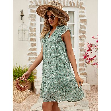 Women's Babydoll Mini Dress Summer V Neck Flutter Sleeve Boho Floral Flowy Shift Short Dress