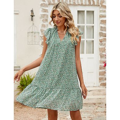 Women's Babydoll Mini Dress Summer V Neck Flutter Sleeve Boho Floral Flowy Shift Short Dress