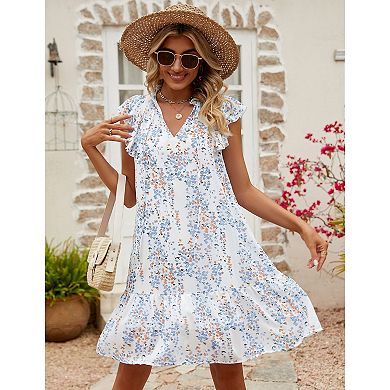 Women's Babydoll Mini Dress Summer V Neck Flutter Sleeve Boho Floral Flowy Shift Short Dress