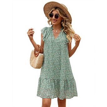 Women's Babydoll Mini Dress Summer V Neck Flutter Sleeve Boho Floral Flowy Shift Short Dress