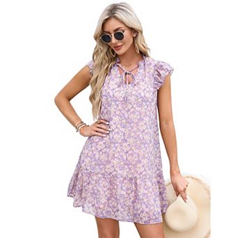Women's Babydoll Mini Dress Summer V Neck Flutter Sleeve Boho Floral Flowy Shift Short Dress
