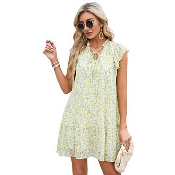 Women's Babydoll Mini Dress Summer V Neck Flutter Sleeve Boho Floral Flowy Shift Short Dress