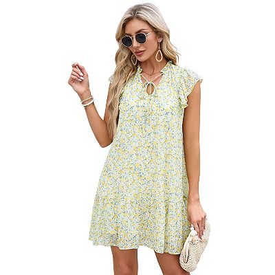 Cute Summer Babydoll Dresses Women's Babydoll Mini Dress Summer V Neck  Flutter Sleeve Boho Floral Flowy