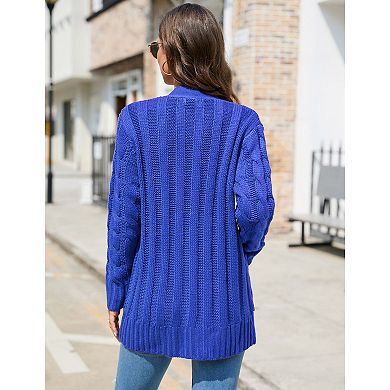 Women's Open Front Cardigan With Pockets Long Sleeve Cable Knit Button Loose Sweater Outwear