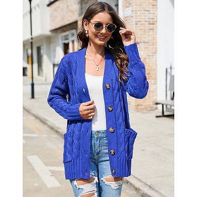 Women's Open Front Cardigan With Pockets Long Sleeve Cable Knit Button Loose Sweater Outwear