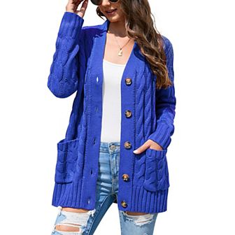 Women's Open Front Cardigan With Pockets Long Sleeve Cable Knit Button Loose Sweater Outwear