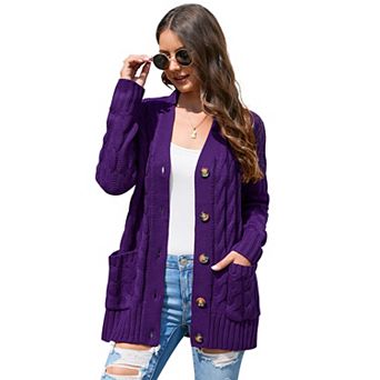 Women's Open Front Cardigan With Pockets Long Sleeve Cable Knit Button Loose Sweater Outwear
