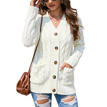 Women's Open Front Cardigan With Pockets Long Sleeve Cable Knit Button Loose Sweater Outwear