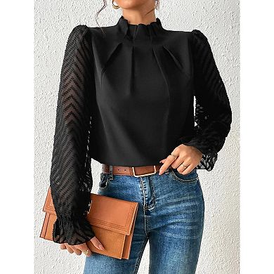 Women's Long Frill Sleeve Stand Collar Shirts Ruffle Solid Color Elegant Office Workwear Blouse