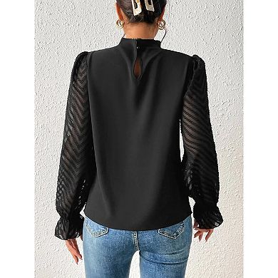 Women's Long Frill Sleeve Stand Collar Shirts Ruffle Solid Color Elegant Office Workwear Blouse