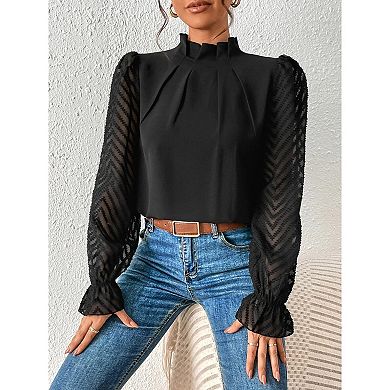 Women's Long Frill Sleeve Stand Collar Shirts Ruffle Solid Color Elegant Office Workwear Blouse