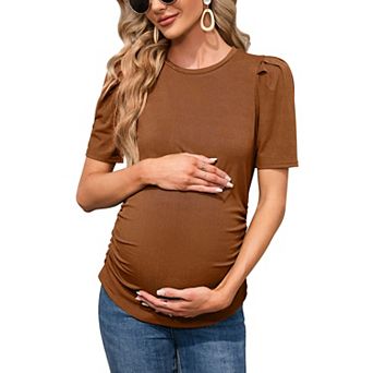Maternity Shirts Women's Casual Floral Tops Pregnancy Short Sleeve Striped Ruched Side Tunic Top