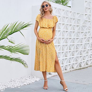 Maternity Dress Women's Off Shoulder Split A Line Casual Maxi Dress