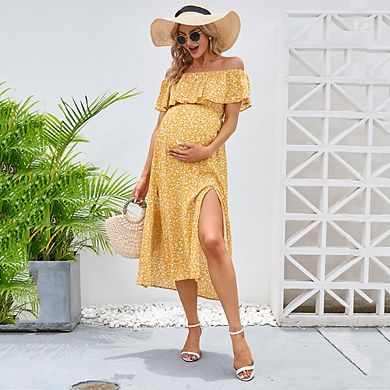 Maternity Dress Women's Off Shoulder Split A Line Casual Maxi Dress