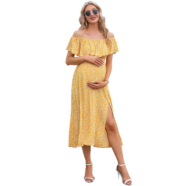 Fancy Elegant Mexican Dresses Yellow Smocked Square Neck Ruffle Strap  Tiered Maternity Plus Midi Dre  PinkBlush