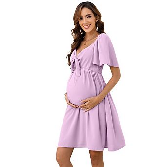 Summer Knee Length Maternity Dress Solid Color /Floral Short Sleeve Empire Waist Midi Dress