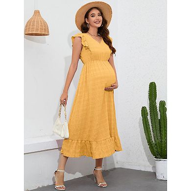 Maternity Dress Summer Ruffle Cap Sleeveless V Neck Maxi Dresses Maternity Wear