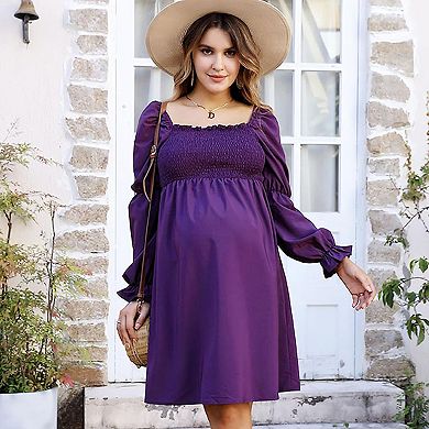 Maternity Square Collar Lotus Root Long Sleeve Maternity Solid Midi Dress