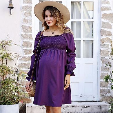 Maternity Square Collar Lotus Root Long Sleeve Maternity Solid Midi Dress