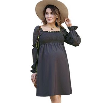 Maternity Square Collar Lotus Root Long Sleeve Maternity Solid Midi Dress
