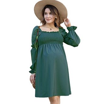 Maternity Square Collar Lotus Root Long Sleeve Maternity Solid Midi Dress