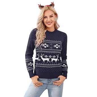 Family Matching Christmas Sweater Reindeer Snowflakes Knitted Ugly Crew Neck Pullover For Women