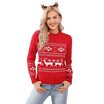 Family Matching Christmas Sweater Reindeer Snowflakes Knitted Ugly Crew Neck Pullover For Women