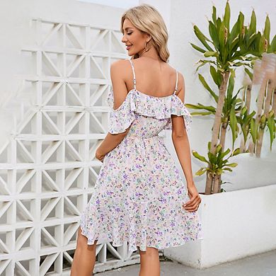 Maternity Nursing Dress Womens Spaghetti Strap Ruffle Sleeve Daisy Printed Tiered Flowy Swing