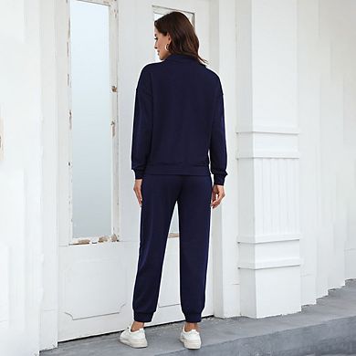 2 Piece Sweatsuits Outfits For Women 1/3 Zip Pullover Jogger Sets With Pockets