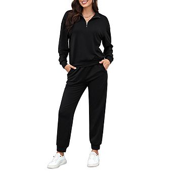 2 pc Sweatsuits Outfits For Women 1/3 Zip Pullover Jogger Sets With Pockets