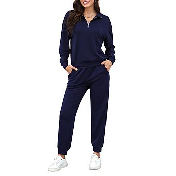 2 pc Sweatsuits Outfits For Women 1/3 Zip Pullover Jogger Sets With Pockets