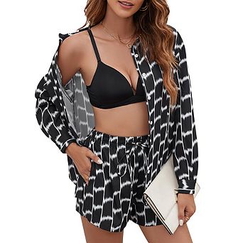 2 pc Casual Outfits Long Sleeve Button Down Shirt And Shorts Sweatsuit Sets