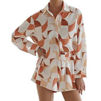 2 pc Casual Outfits Long Sleeve Button Down Shirt And Shorts Sweatsuit Sets