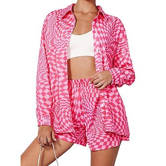 2 pc Casual Outfits Long Sleeve Button Down Shirt And Shorts Sweatsuit Sets