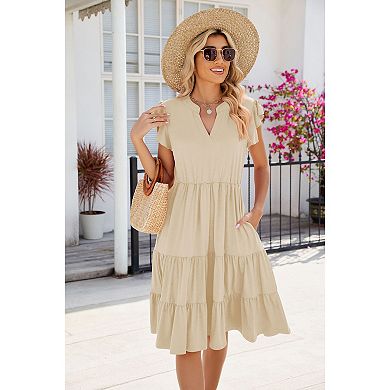 Women's V-Neck Summer Dress Short Sleeve Ruffle Beach Dress Casual Sundress Midi Dresses