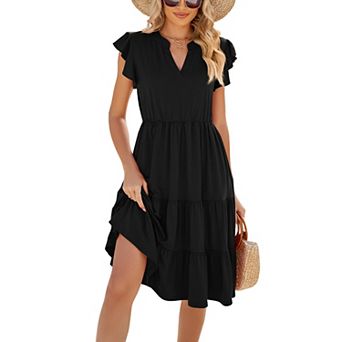 Women's V-Neck Summer Dress Short Sleeve Ruffle Beach Dress Casual Sundress Midi Dresses