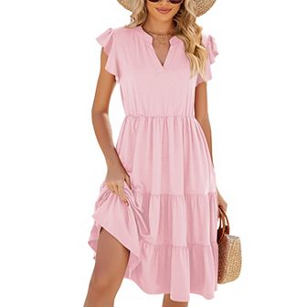 Women's V-Neck Summer Dress Short Sleeve Ruffle Beach Dress Casual Sundress Midi Dresses