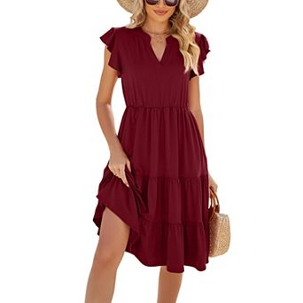 Women's V-Neck Summer Dress Short Sleeve Ruffle Beach Dress Casual Sundress Midi Dresses