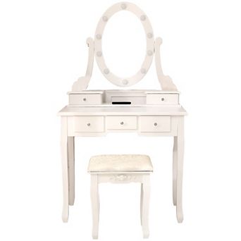 Elegant Dressing Table with Lighted Mirror White Illumination, Storage Boxes, Drawers, and Stool