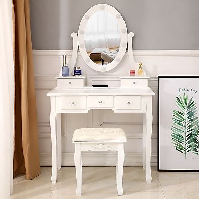 Elegant Dressing Table with Lighted Mirror White Illumination, Storage Boxes, Drawers, and Stool