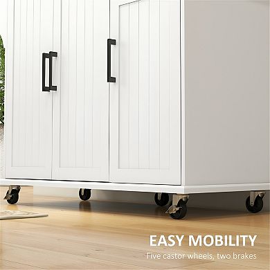 Modern Style Kitchen Storage Cabinet with Five Caster Wheels and Two Brakes-White