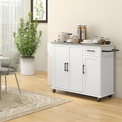 Modern Style Kitchen Storage Cabinet with Five Caster Wheels and Two Brakes-White