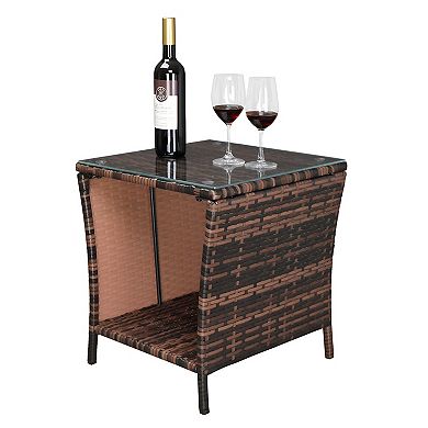 Glass Surface Brown Gradient Iron Frame Rattan Side Table